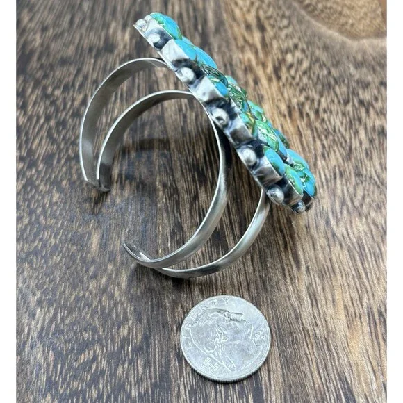 Navajo Handmade Sterling Silver Sonoran Gold Turquoise Mega Cuff Bracelet - Picture 5 of 9